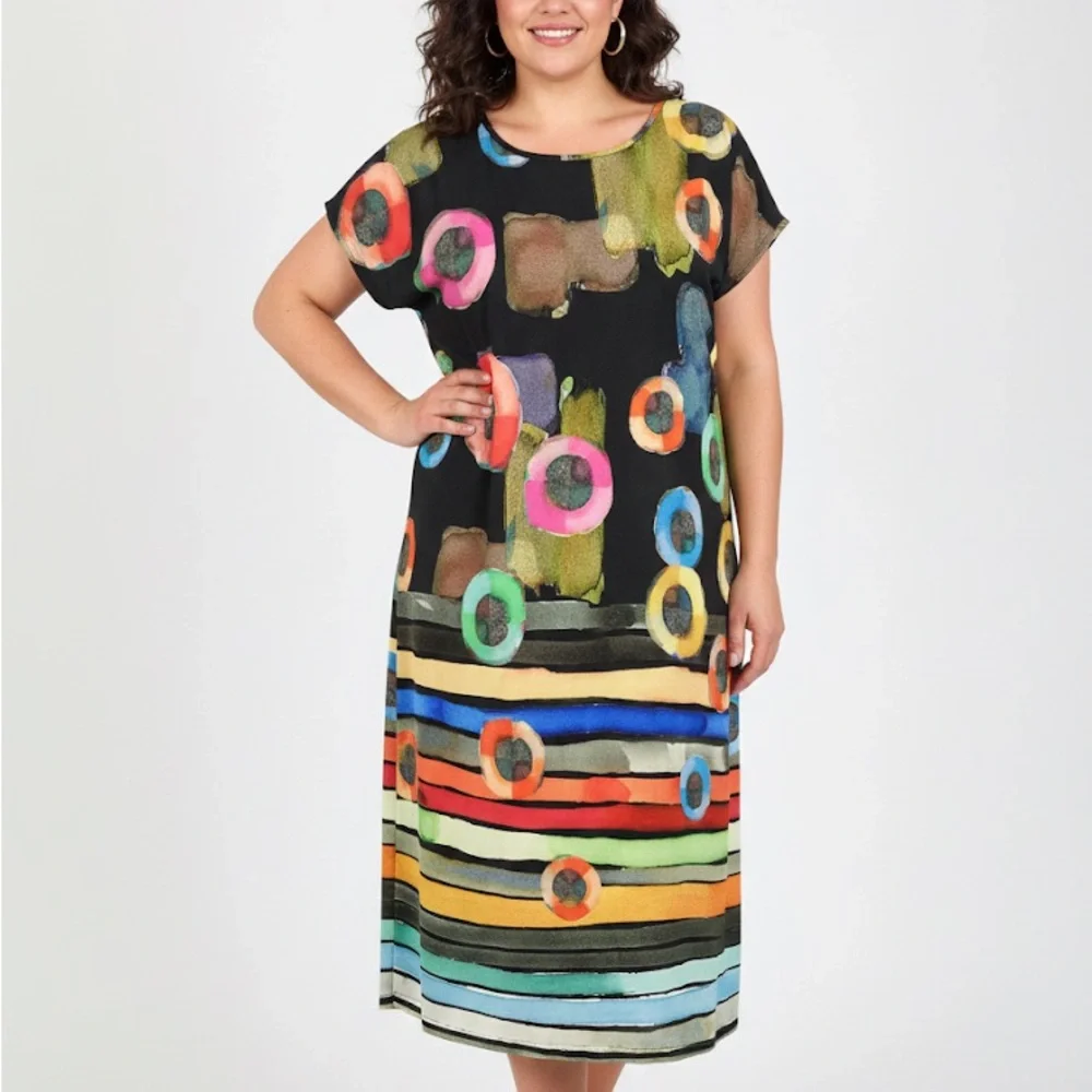 Tola Women's Abstract Design Dress 44 Midi Short Sleeve Art To Wear Bold Maximal